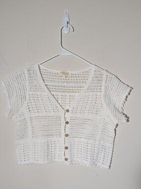 Rebellion Again White Open Knit Crochet Button Up Blouse Sz S
